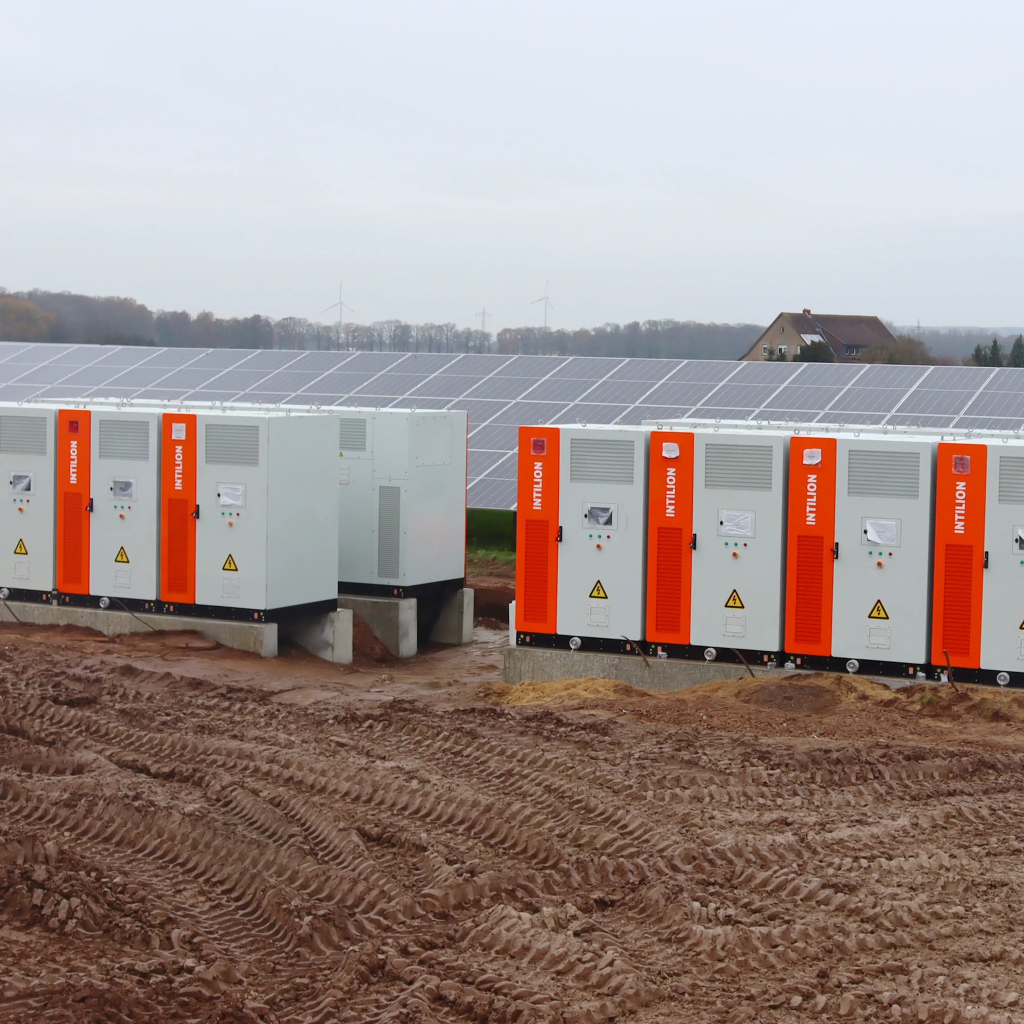 Installed INTILION | scalepac battery storage systems on foundations in outdoor use arranged in rows