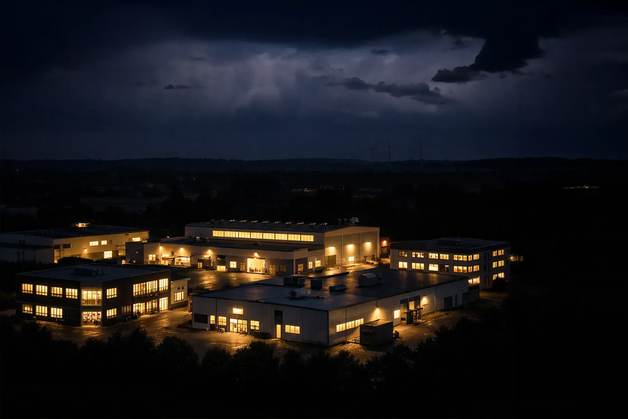 Beleuchteter industrieller Produktionsstandort bei regionalem Stromausfall, der durch eine Notstromversorgung weiterhin betrieben wird