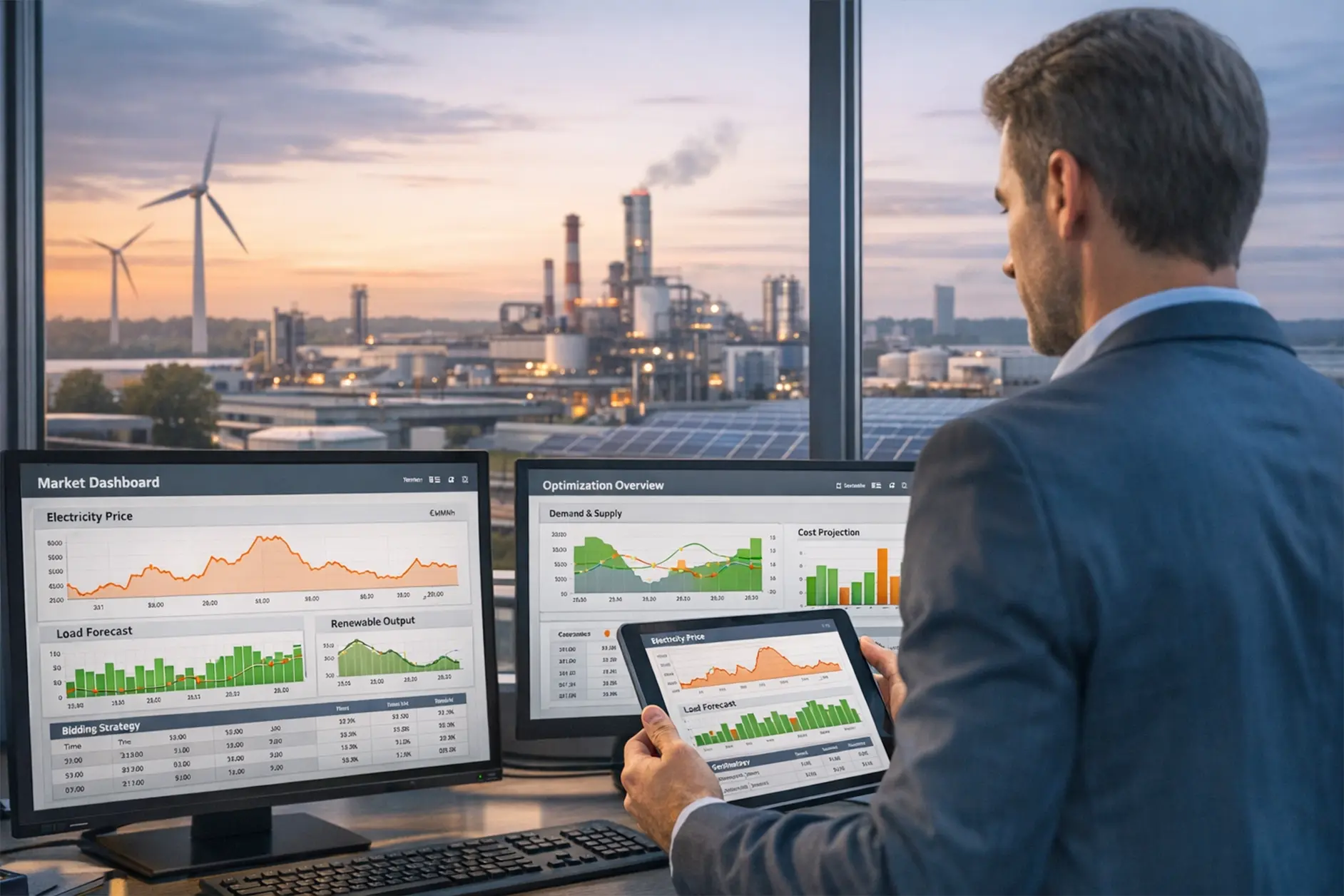 Energie­manager analysiert Strompreise und Lastprognosen zur Strombeschaffungsoptimierung mit Batteriespeicher in industrieller Umgebung